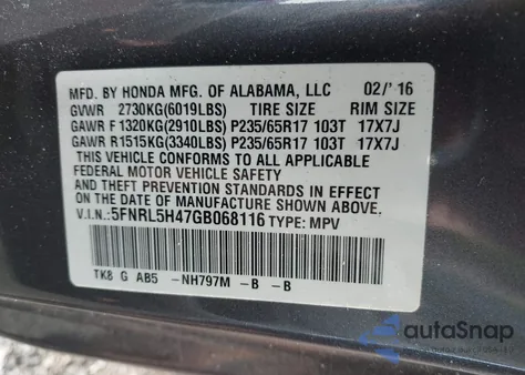 2016 Honda Odyssey Ex from USA, damaged, VIN 5FNRL5H47GB068116